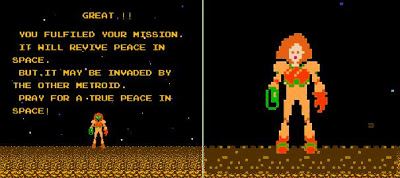 Screenshot 1986's Metroid Ending Image credit http://fashionapocalypse.blogspot.com/2011/05/guest-blog-samus-aran-from-presumed.html